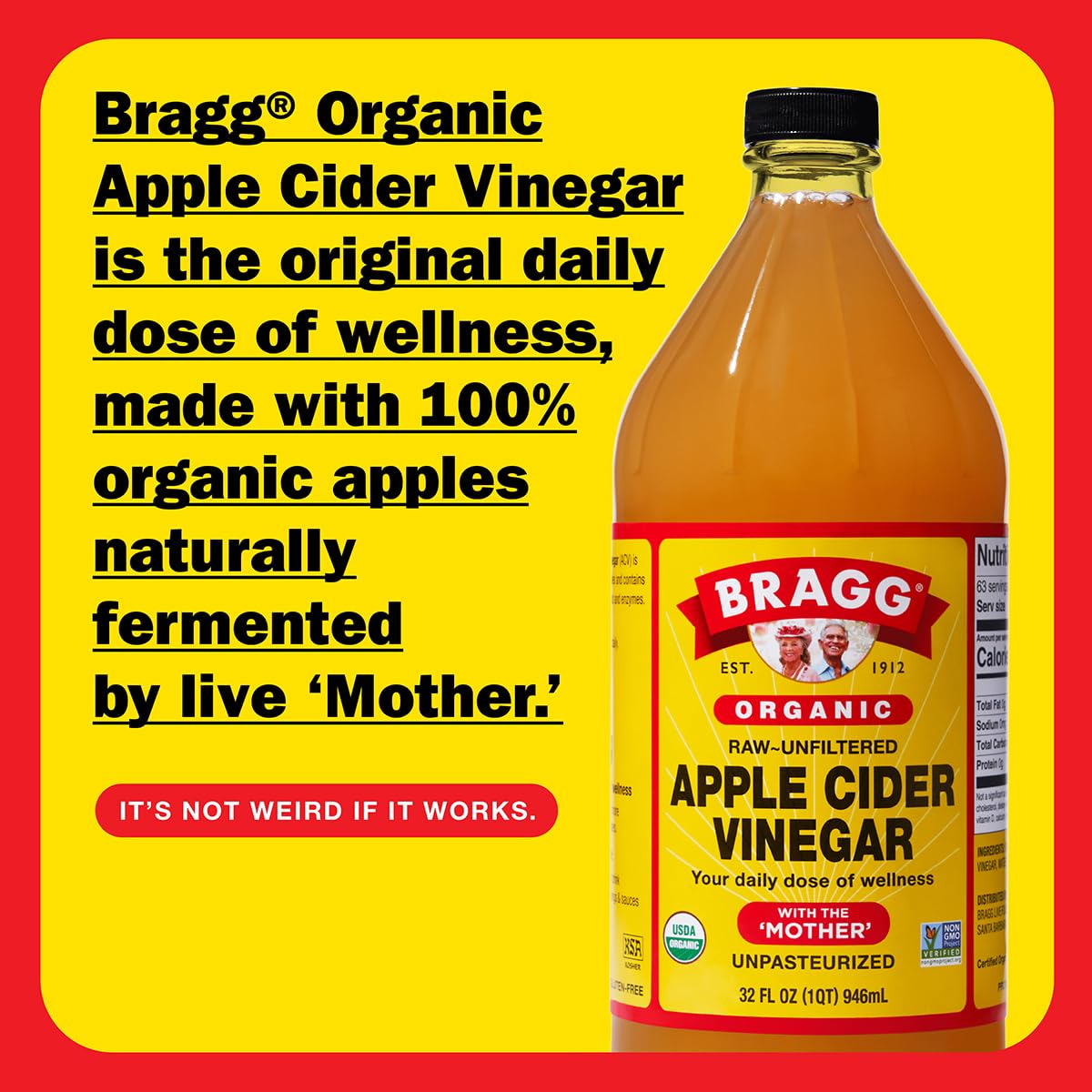 Bragg Organic Apple Cider Vinegar With the Mother– Raw, Unfiltered All Natural Ingredients