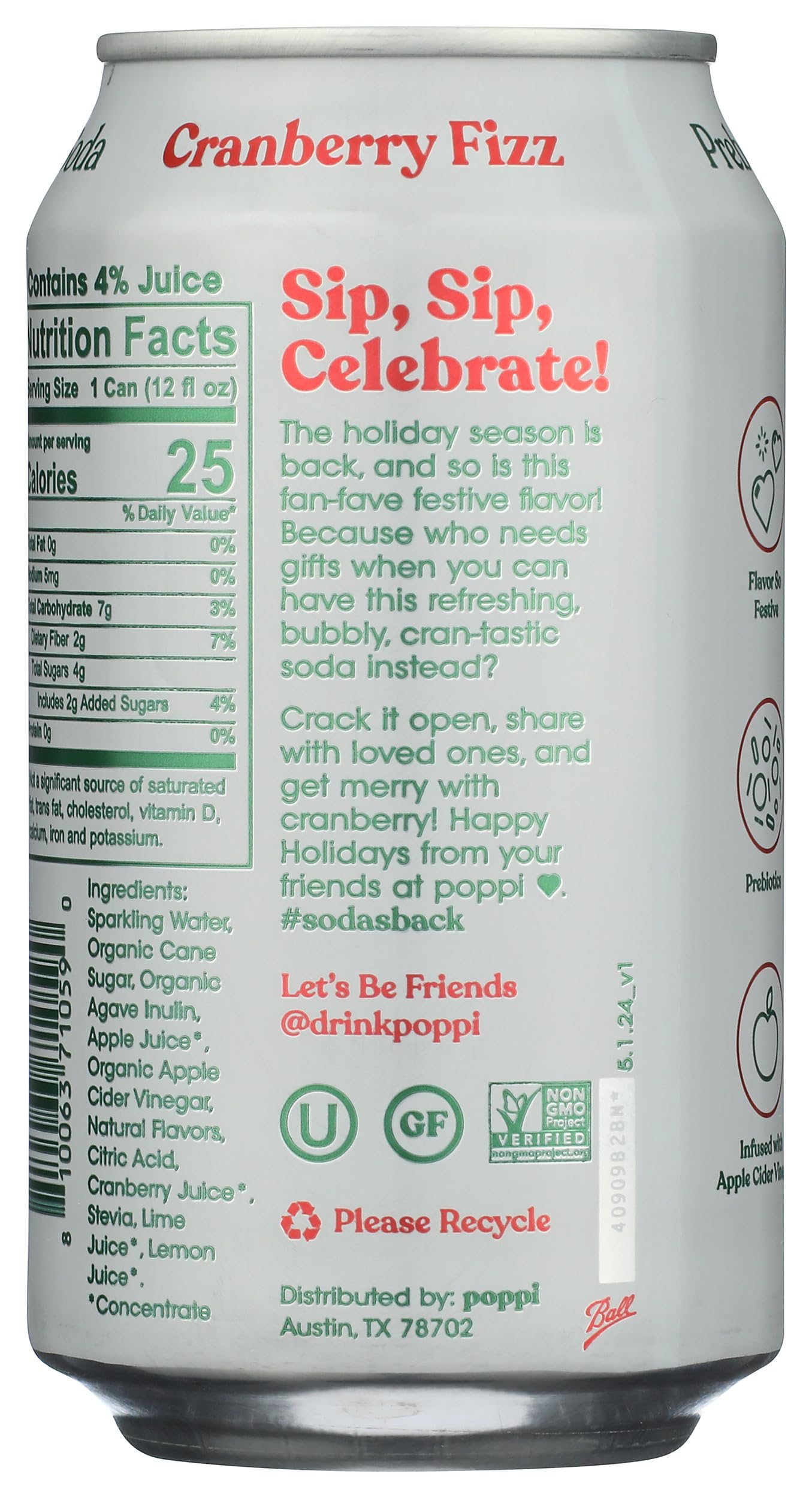Poppi Cranberry Fizz Prebiotic Soda, 12 Fl Oz