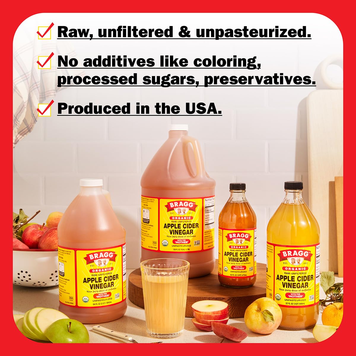 Bragg Organic Apple Cider Vinegar With the Mother– Raw, Unfiltered All Natural Ingredients