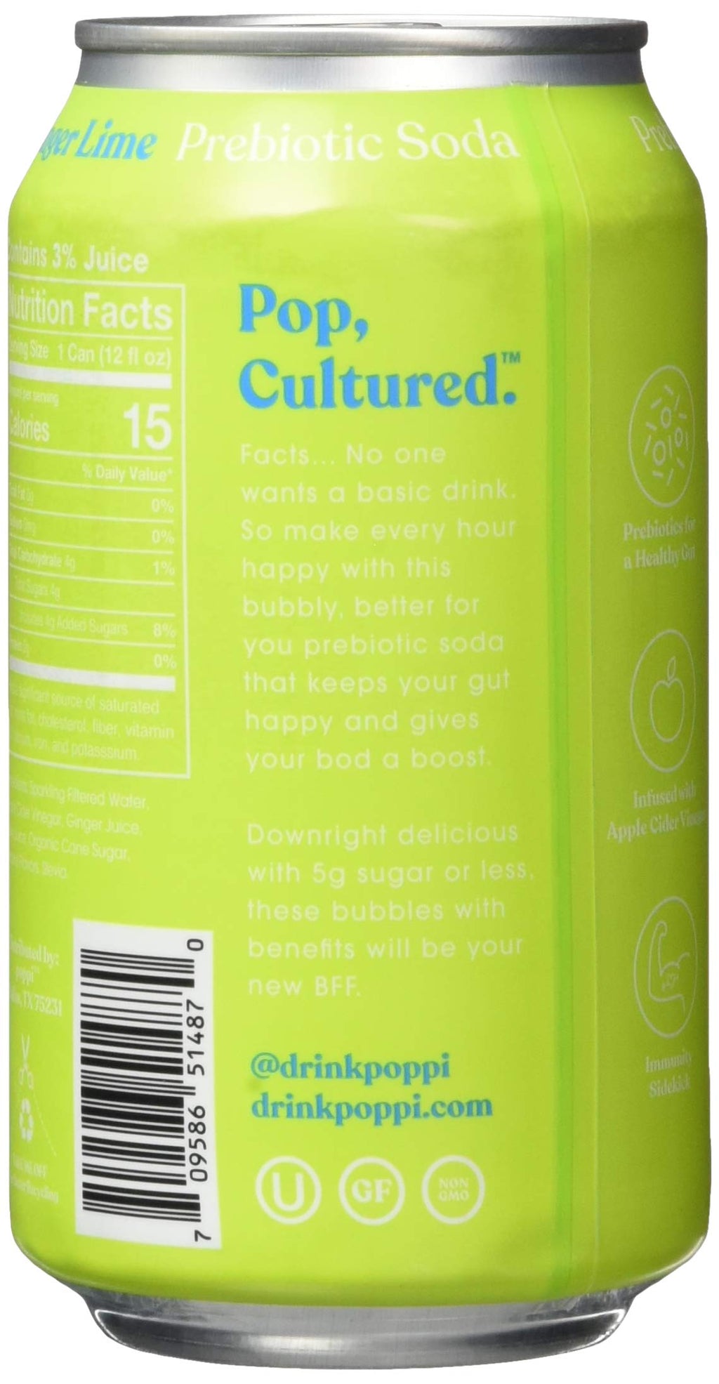 Poppi Ginger Lime Prebiotic Soda, 12 Fl Oz (Pack of 12)